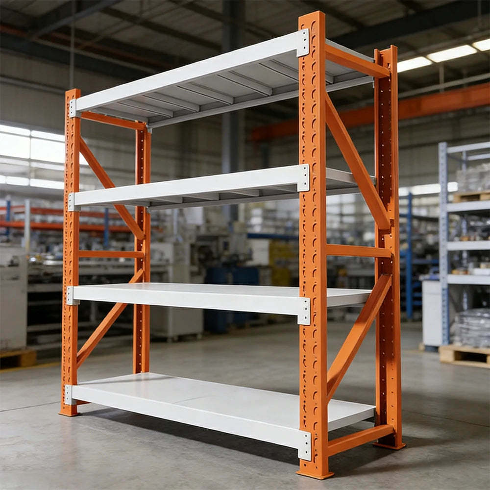GROVIA 4-Tier 100/120cm Storage Shelving Rack, Heavy-Duty Steel Frame, Screw-Free Assembly, Stable Triangular Support - White&Orange
