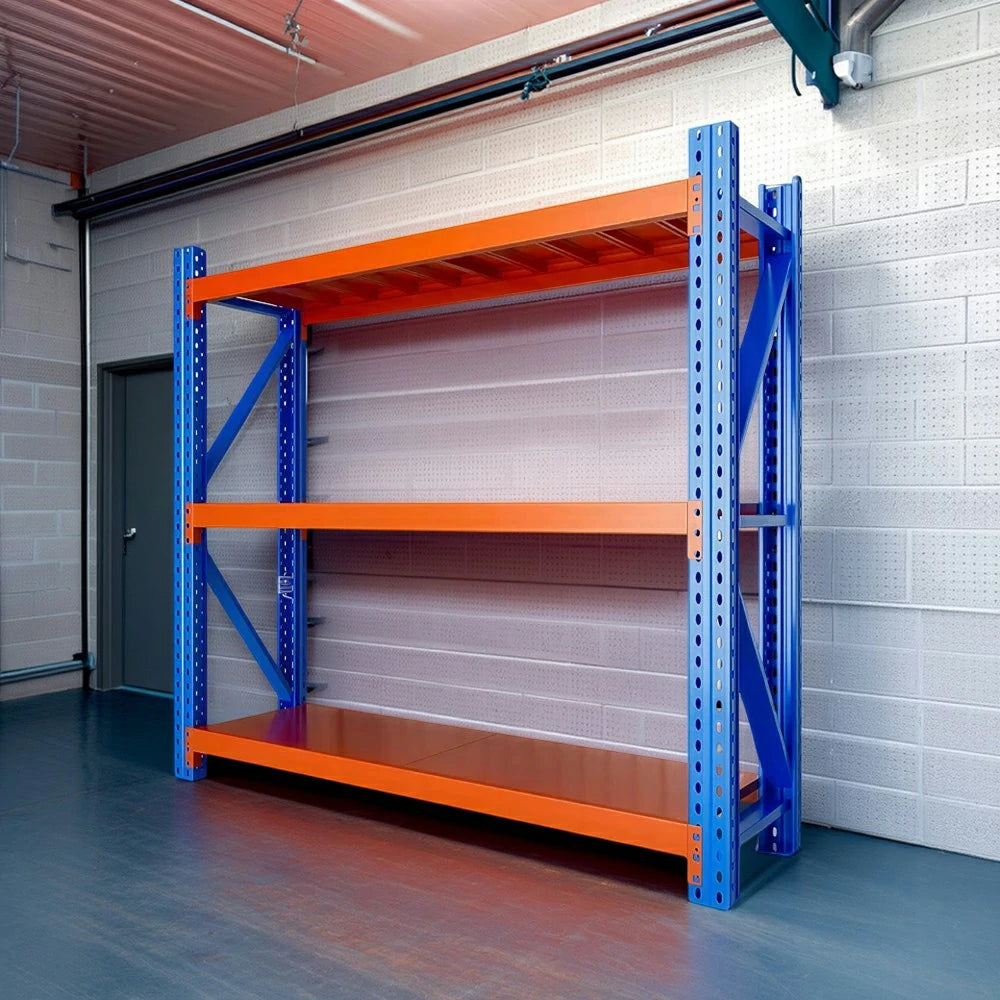 GROVIA 3-Tier 100/120cm Storage Shelving Rack, Heavy-Duty Steel Frame, Screw-Free Assembly, Stable Triangular Support - Blue&Orange