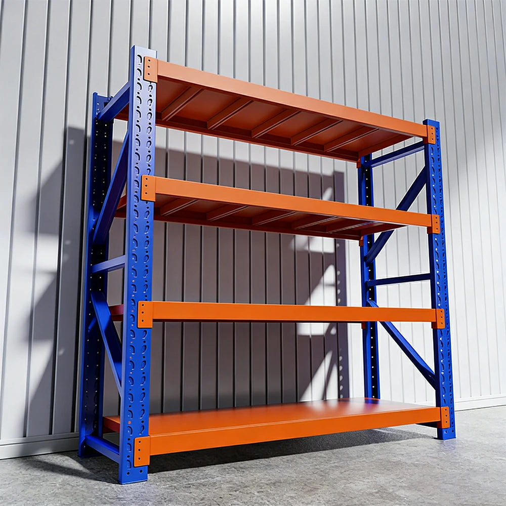 GROVIA 4-Tier 100/120cm Storage Shelving Rack, Heavy-Duty Steel Frame, Screw-Free Assembly, Stable Triangular Support - Blue&Orange