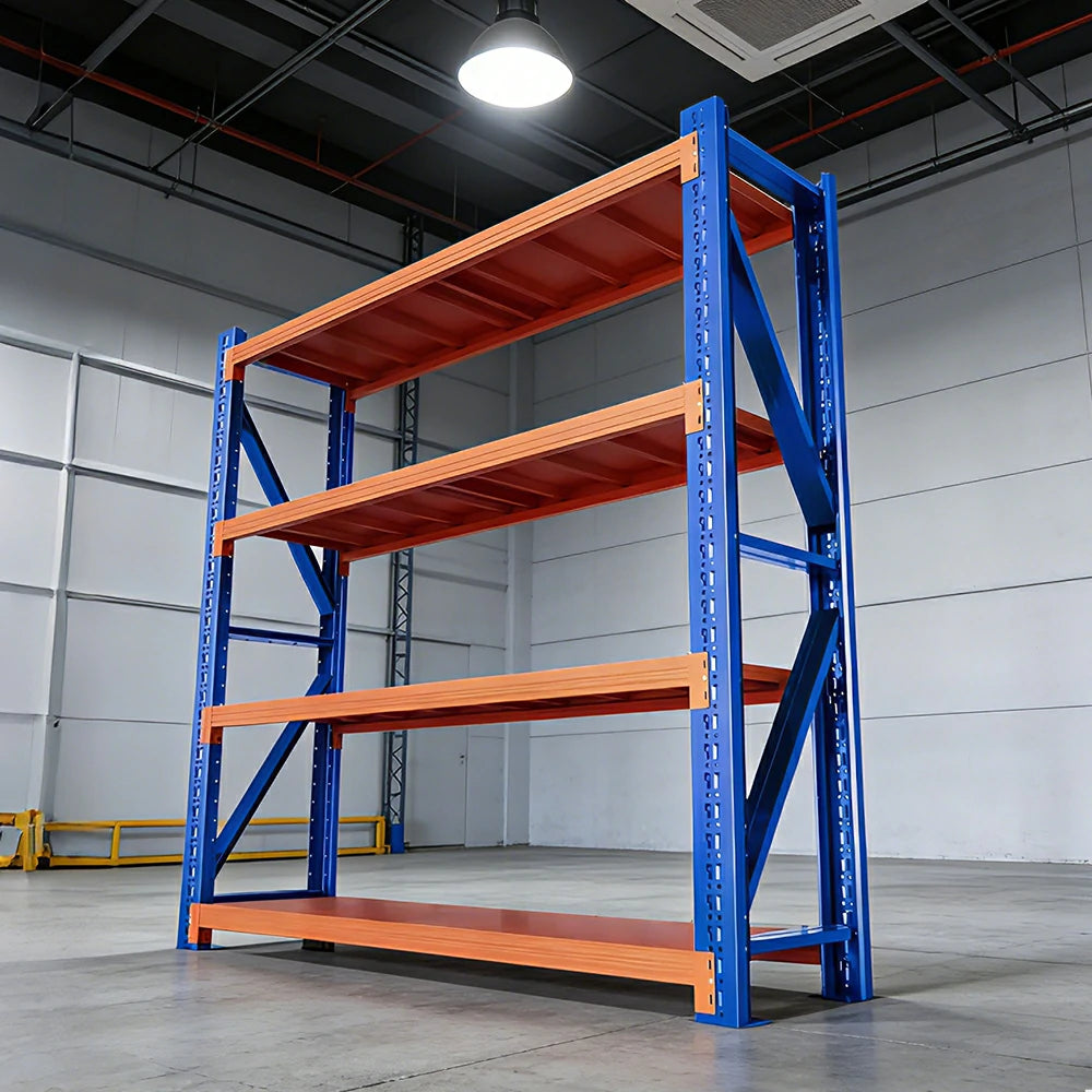 GROVIA 4-Tier 100/120cm Storage Shelving Rack, Heavy-Duty Steel Frame, Screw-Free Assembly, Stable Triangular Support - Blue&Orange