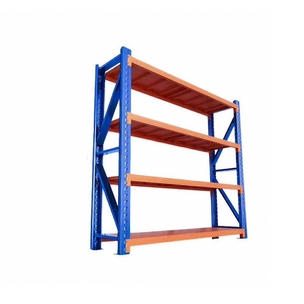 GROVIA 4-Tier 100/120cm Storage Shelving Rack, Heavy-Duty Steel Frame, Screw-Free Assembly, Stable Triangular Support - Blue&Orange