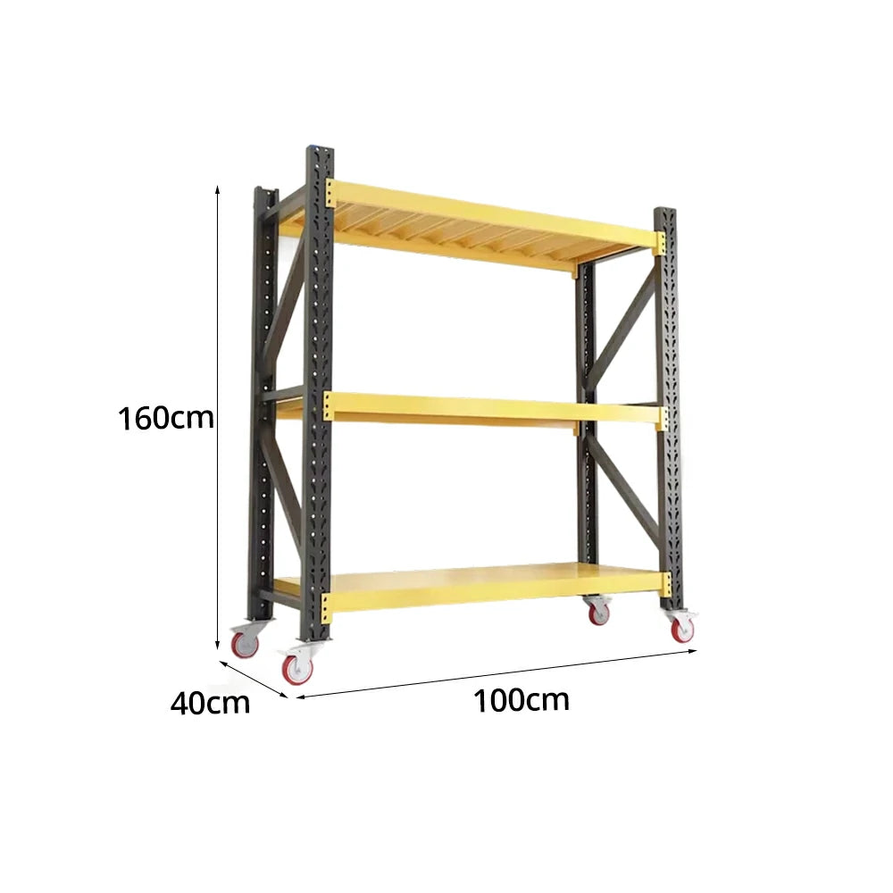 GROVIA 3-Tier 100/120cm Storage Shelving Rack, Screw-Free Steel Frame, Swivel Castors with Brakes, Stable Design - Black&Yellow