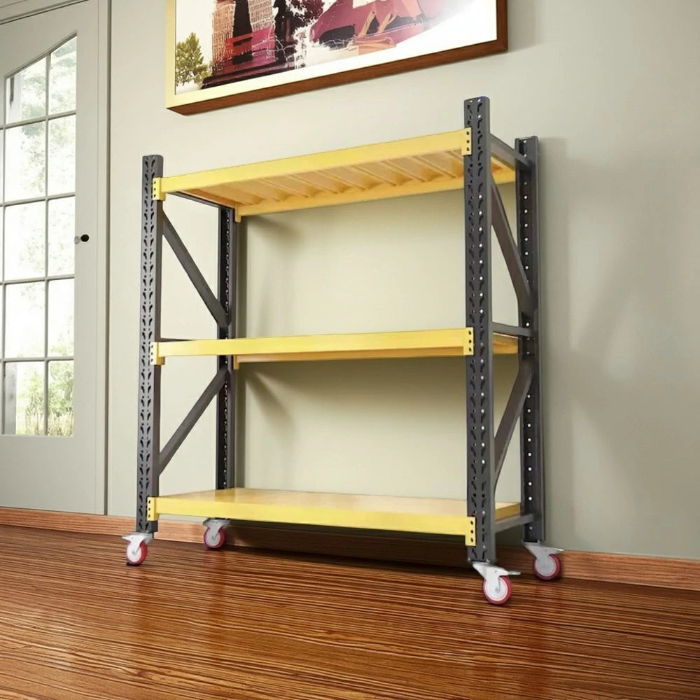 GROVIA 3-Tier 100/120cm Storage Shelving Rack, Screw-Free Steel Frame, Swivel Castors with Brakes, Stable Design - Black&Yellow