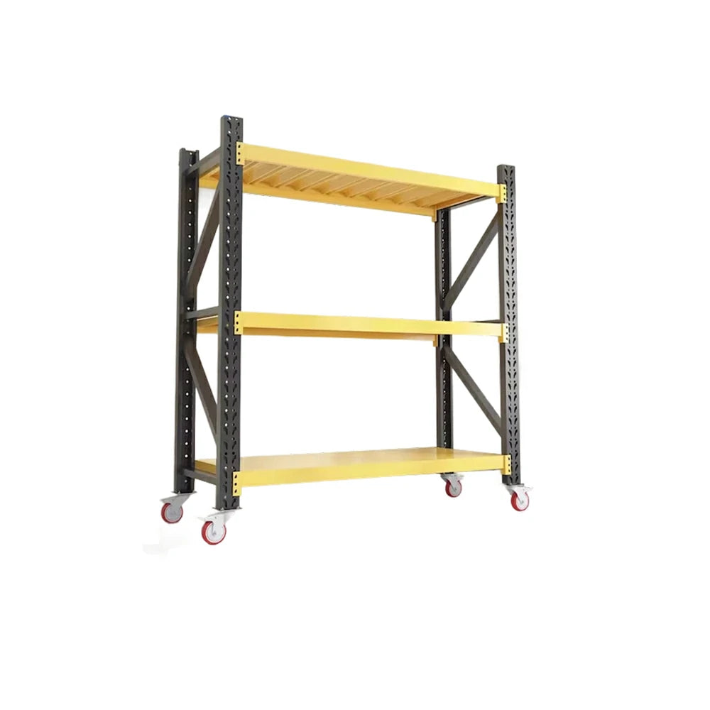 GROVIA 3-Tier 100/120cm Storage Shelving Rack, Screw-Free Steel Frame, Swivel Castors with Brakes, Stable Design - Black&Yellow
