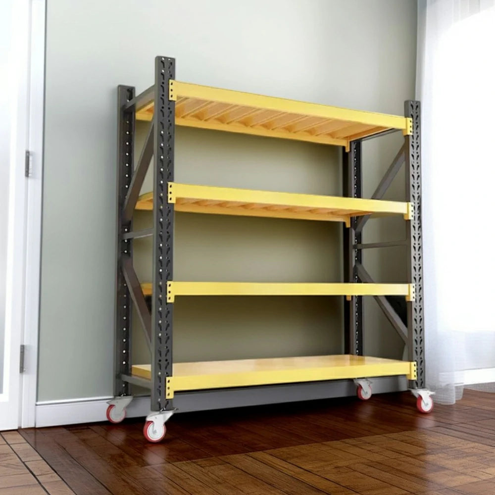 GROVIA 4-Tier 100/120cm Storage Shelving Rack, Screw-Free Steel Frame, Swivel Castors with Brakes, Stable Design - Black&Yellow