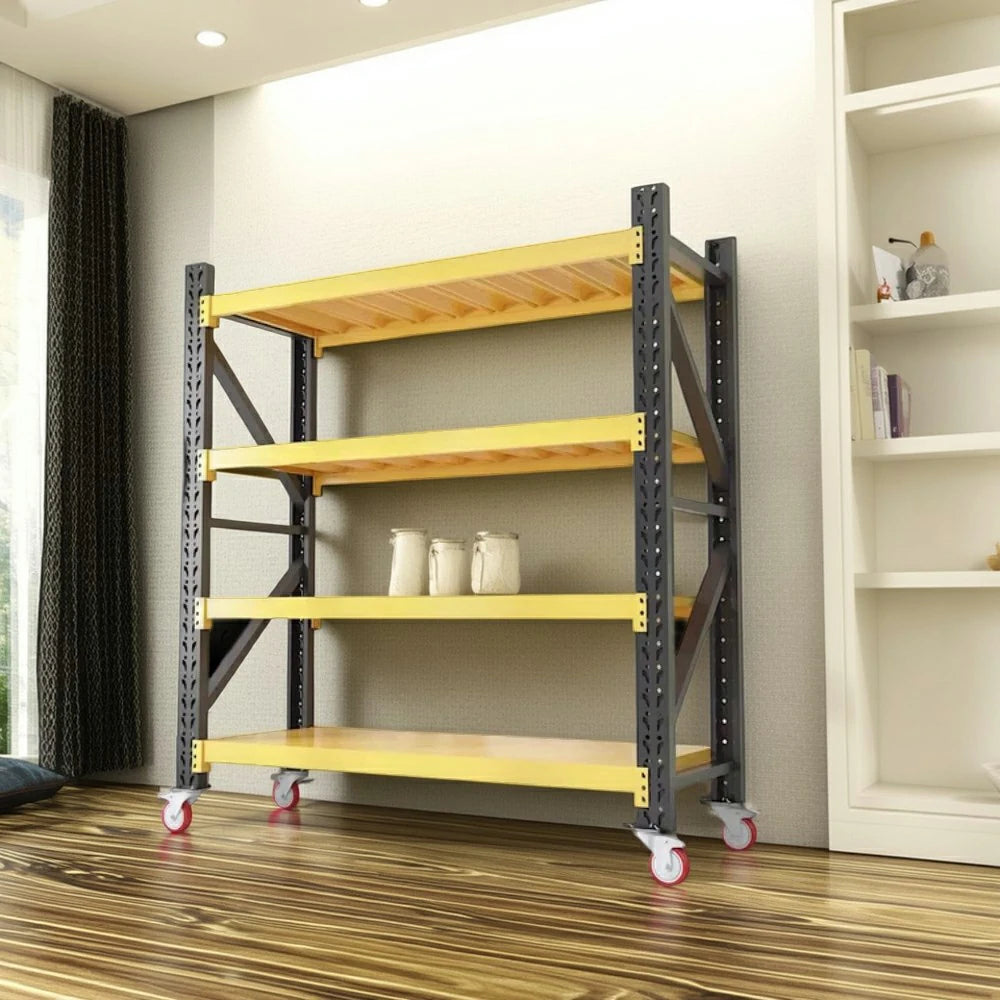 GROVIA 4-Tier 100/120cm Storage Shelving Rack, Screw-Free Steel Frame, Swivel Castors with Brakes, Stable Design - Black&Yellow