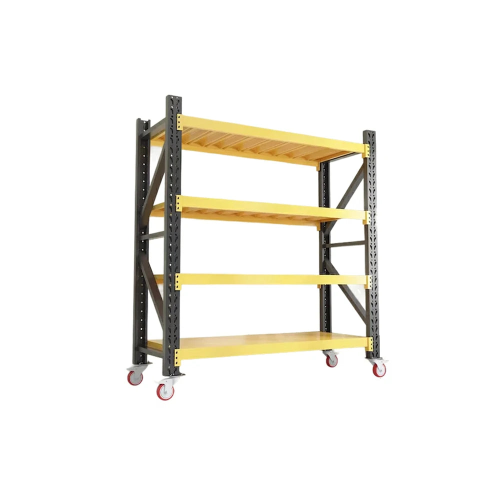 GROVIA 4-Tier 100/120cm Storage Shelving Rack, Screw-Free Steel Frame, Swivel Castors with Brakes, Stable Design - Black&Yellow