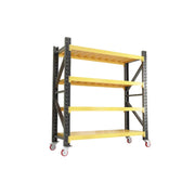 GROVIA 4-Tier 100/120cm Storage Shelving Rack, Screw-Free Steel Frame, Swivel Castors with Brakes, Stable Design - Black&Yellow