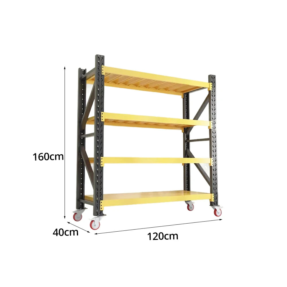 GROVIA 4-Tier 100/120cm Storage Shelving Rack, Screw-Free Steel Frame, Swivel Castors with Brakes, Stable Design - Black&Yellow