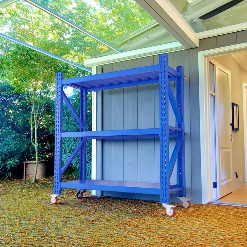 GROVIA 3-Tier 100/120cm Storage Shelving Rack, Screw-Free Steel Frame, Swivel Castors with Brakes, Stable Design - Blue