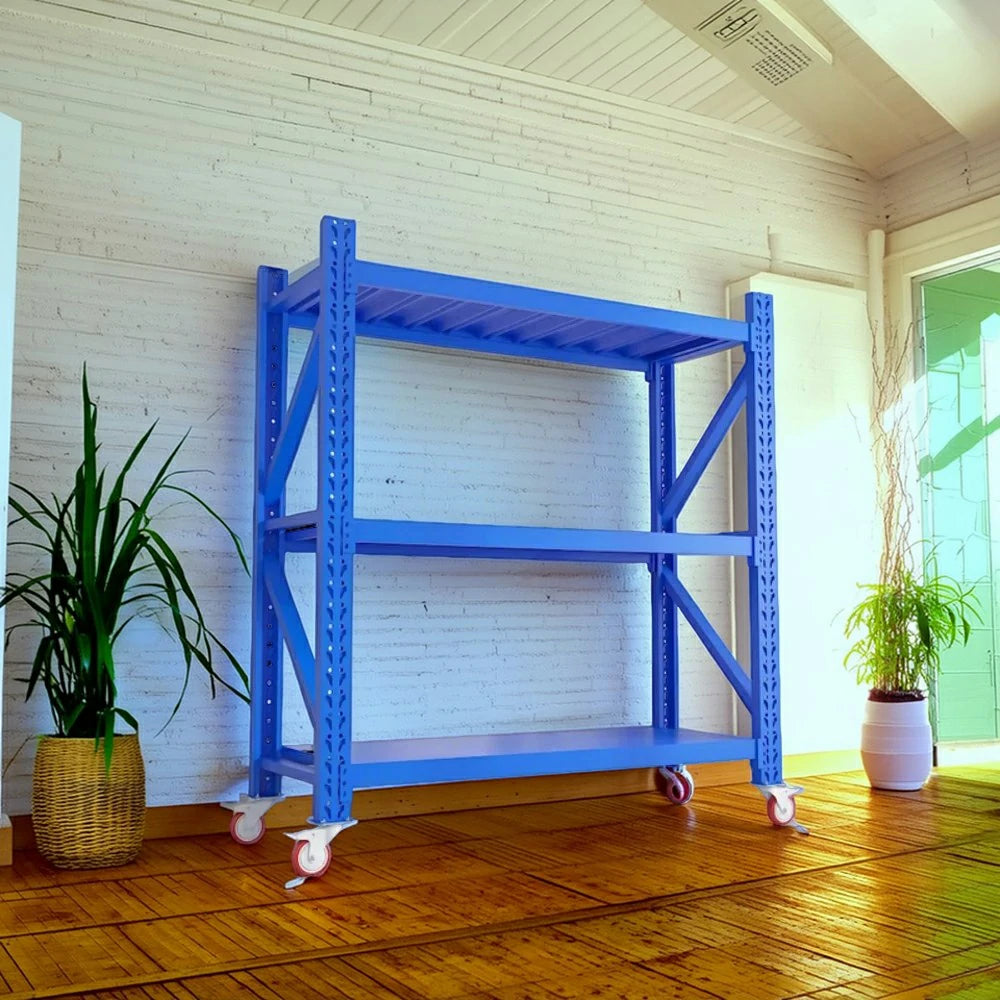 GROVIA 3-Tier 100/120cm Storage Shelving Rack, Screw-Free Steel Frame, Swivel Castors with Brakes, Stable Design - Blue