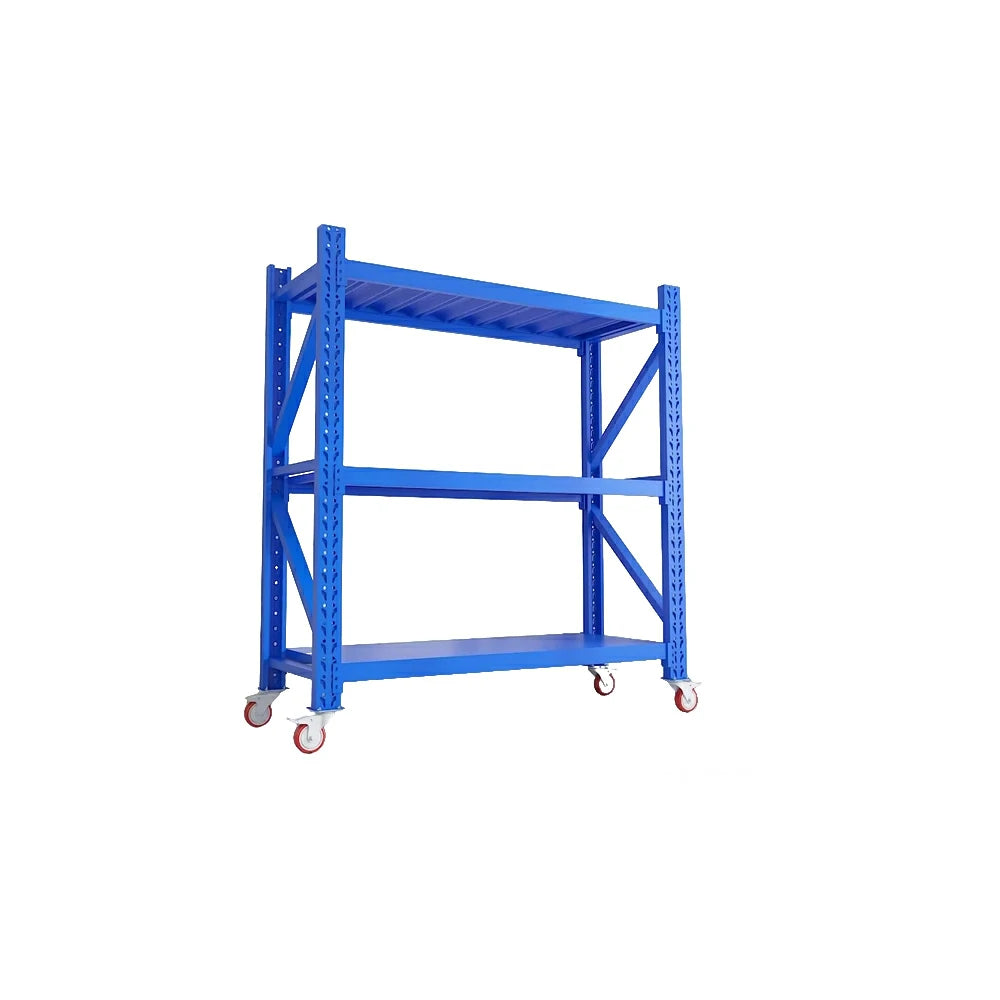GROVIA 3-Tier 100/120cm Storage Shelving Rack, Screw-Free Steel Frame, Swivel Castors with Brakes, Stable Design - Blue