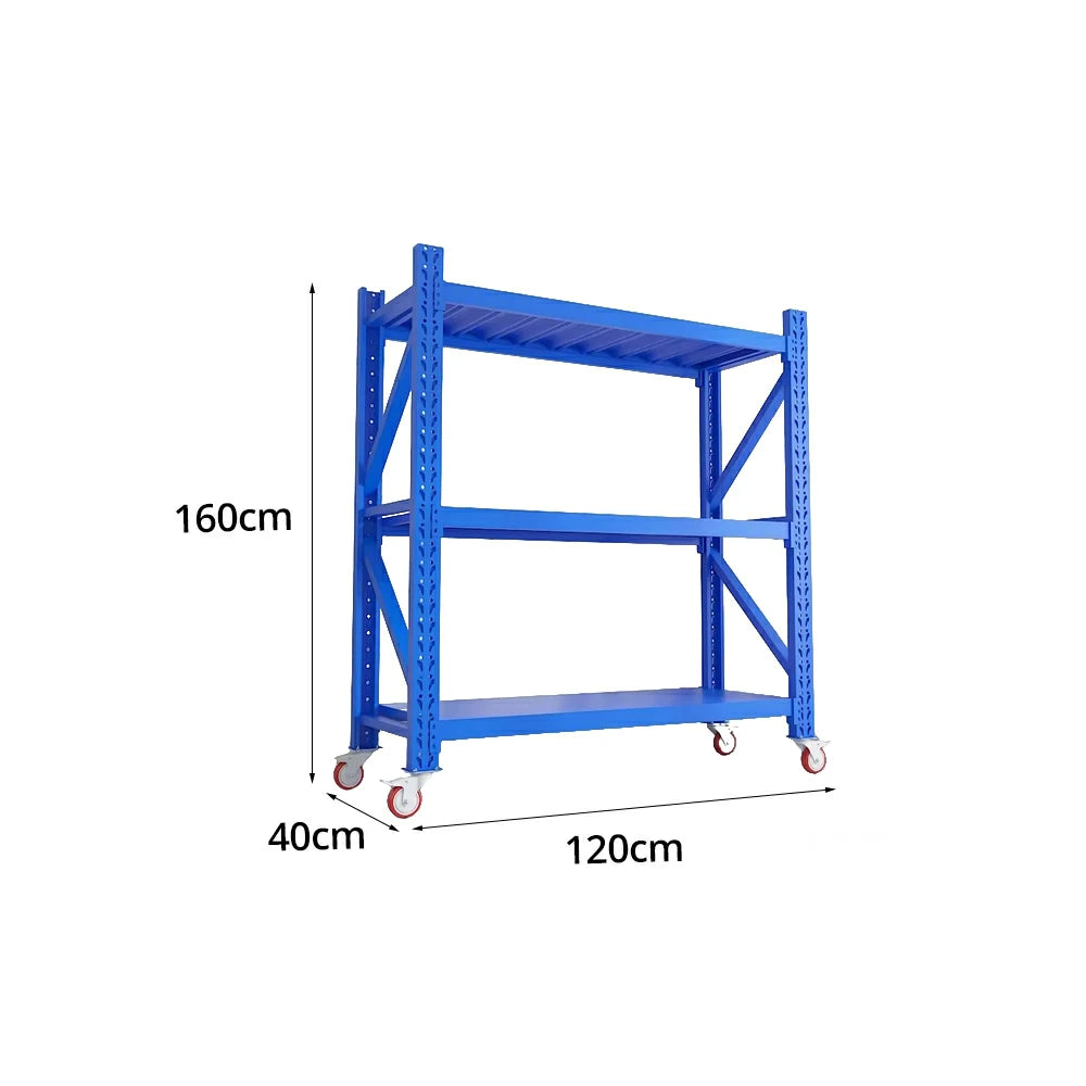 GROVIA 3-Tier 100/120cm Storage Shelving Rack, Screw-Free Steel Frame, Swivel Castors with Brakes, Stable Design - Blue