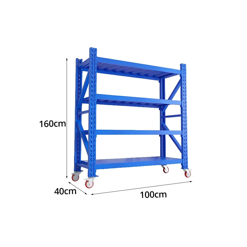 GROVIA 4-Tier 100/120cm Storage Shelving Rack, Screw-Free Steel Frame, Swivel Castors with Brakes, Stable Design - Blue