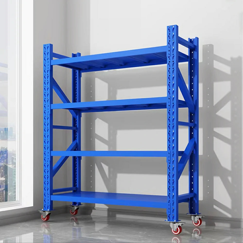 GROVIA 4-Tier 100/120cm Storage Shelving Rack, Screw-Free Steel Frame, Swivel Castors with Brakes, Stable Design - Blue