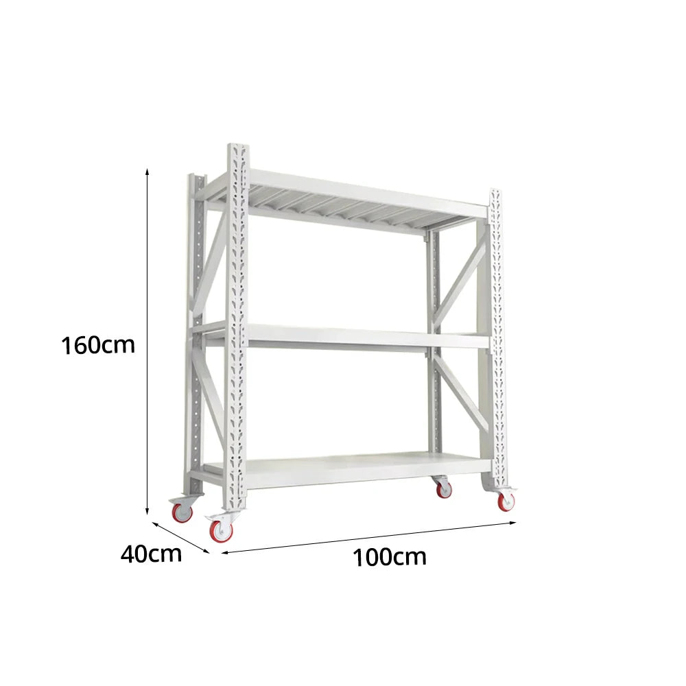 GROVIA 3-Tier 100/120cm Storage Shelving Rack, Screw-Free Steel Frame, Swivel Castors with Brakes, Stable Design - White