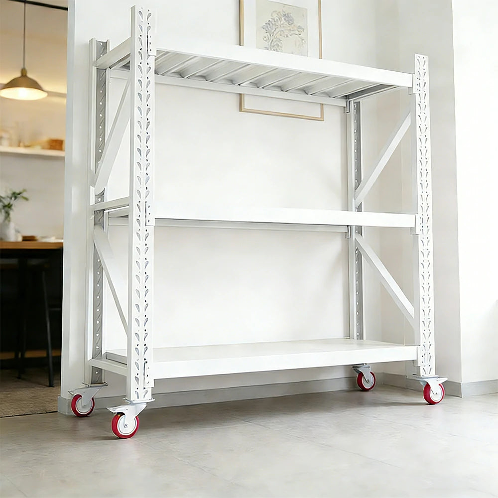 GROVIA 3-Tier 100/120cm Storage Shelving Rack, Screw-Free Steel Frame, Swivel Castors with Brakes, Stable Design - White