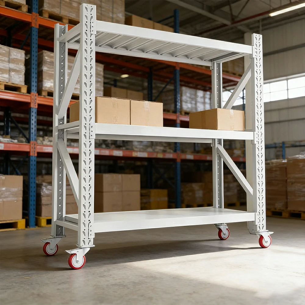 GROVIA 3-Tier 100/120cm Storage Shelving Rack, Screw-Free Steel Frame, Swivel Castors with Brakes, Stable Design - White