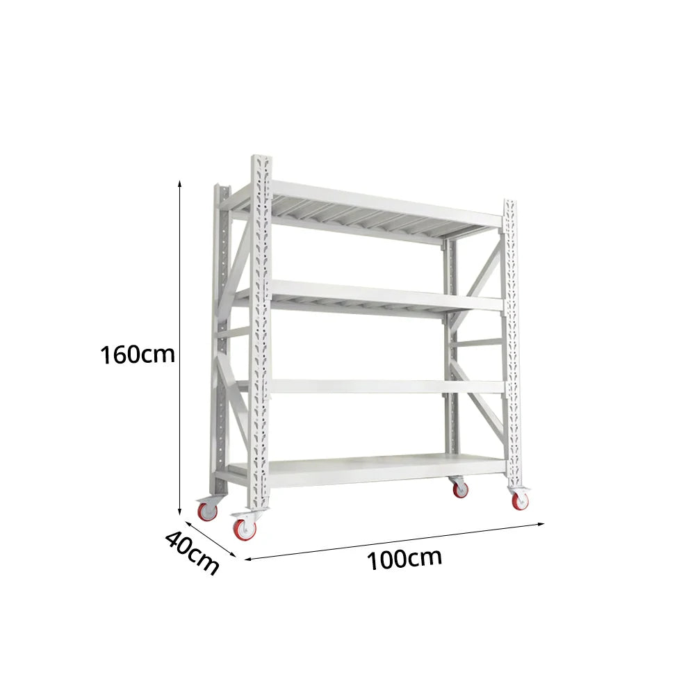 GROVIA 4-Tier 100/120cm Storage Shelving Rack, Screw-Free Steel Frame, Swivel Castors with Brakes, Stable Design - White