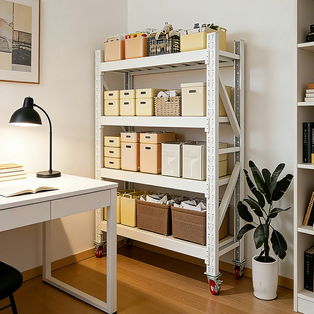 GROVIA 4-Tier 100/120cm Storage Shelving Rack, Screw-Free Steel Frame, Swivel Castors with Brakes, Stable Design - White