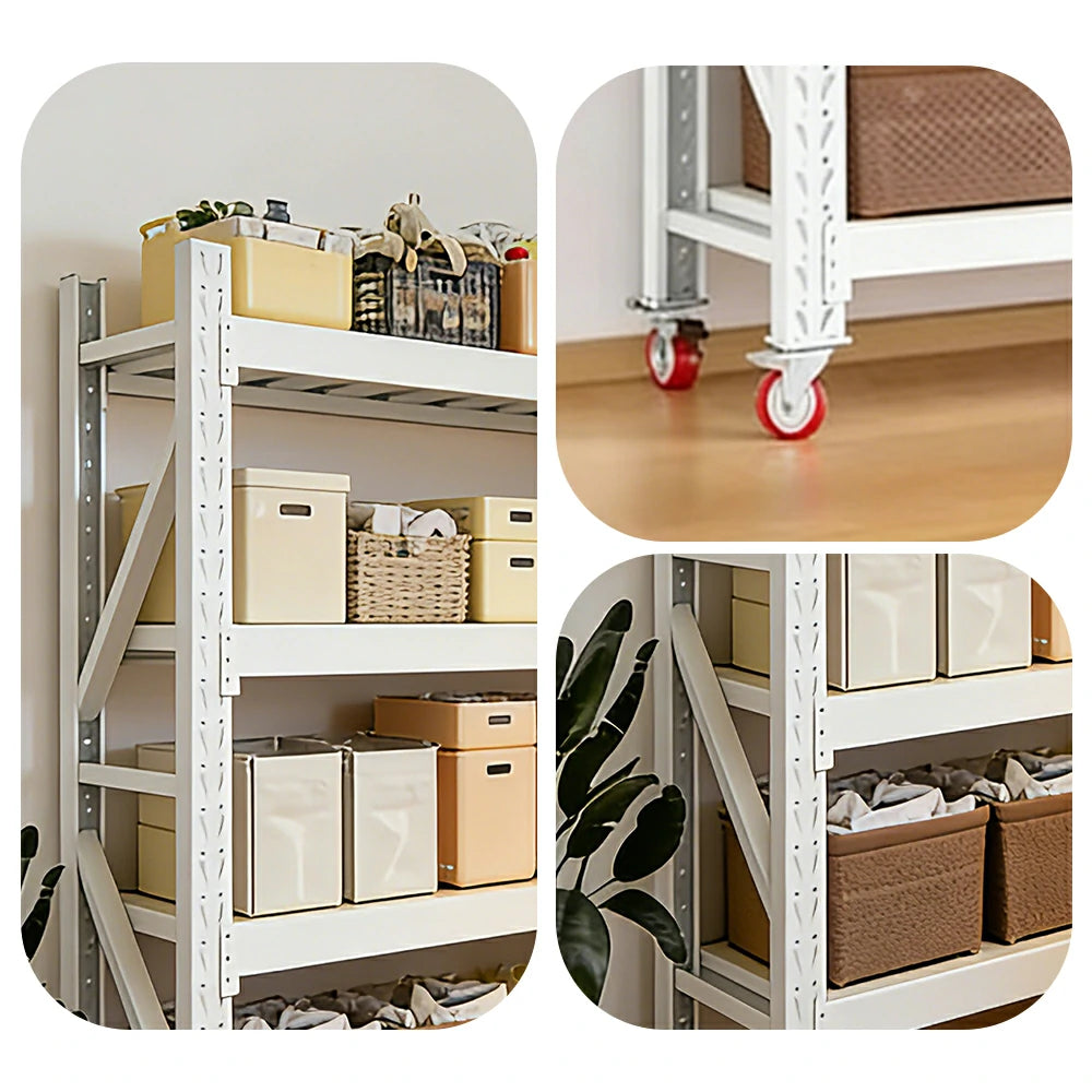 GROVIA 4-Tier 100/120cm Storage Shelving Rack, Screw-Free Steel Frame, Swivel Castors with Brakes, Stable Design - White