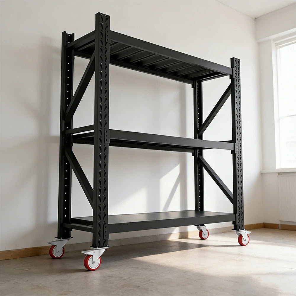GROVIA 3-Tier 100/120cm Storage Shelving Rack, Screw-Free Steel Frame, Swivel Castors with Brakes, Stable Design - Black