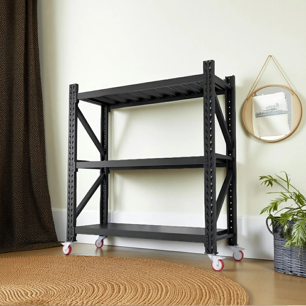 GROVIA 3-Tier 100/120cm Storage Shelving Rack, Screw-Free Steel Frame, Swivel Castors with Brakes, Stable Design - Black