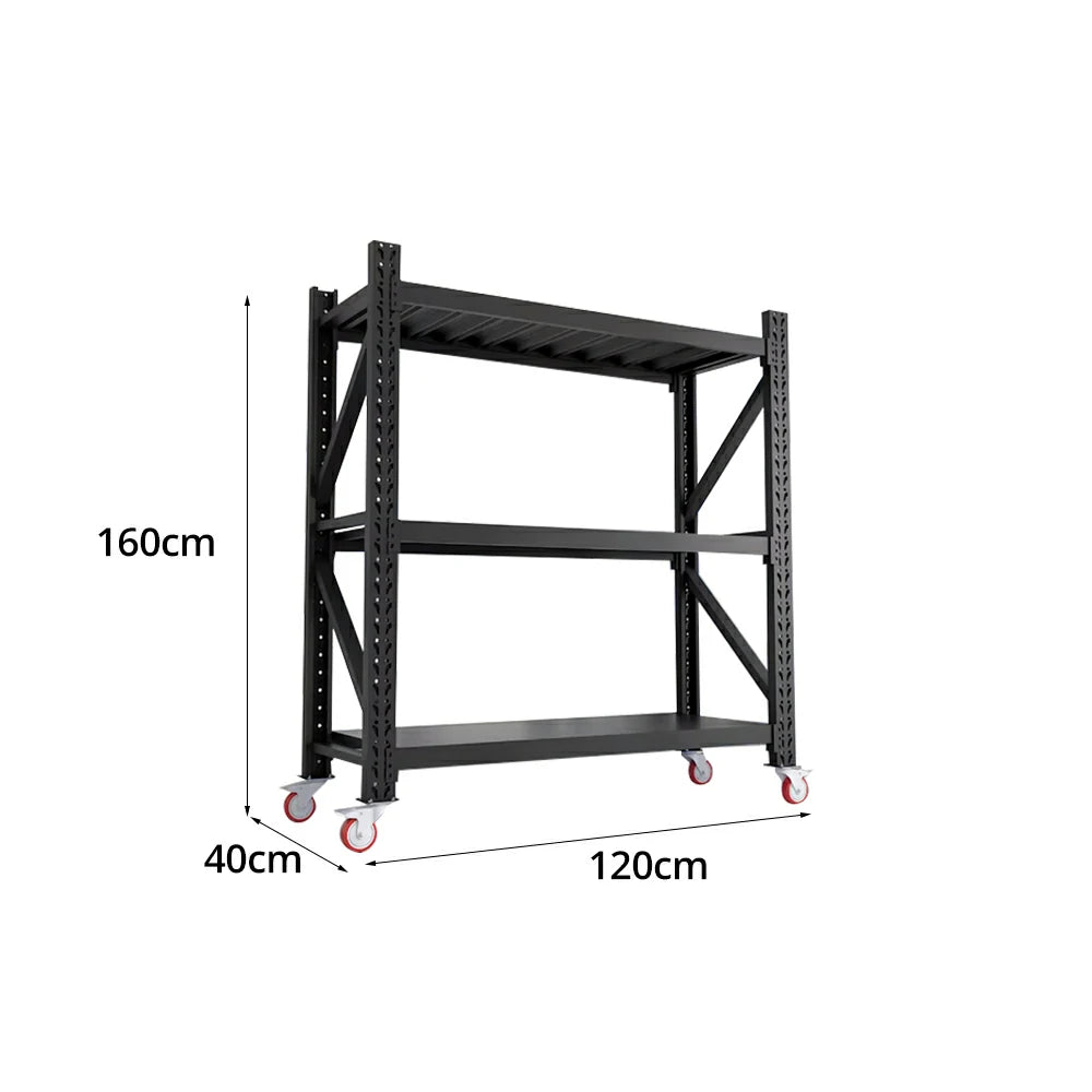 GROVIA 3-Tier 100/120cm Storage Shelving Rack, Screw-Free Steel Frame, Swivel Castors with Brakes, Stable Design - Black