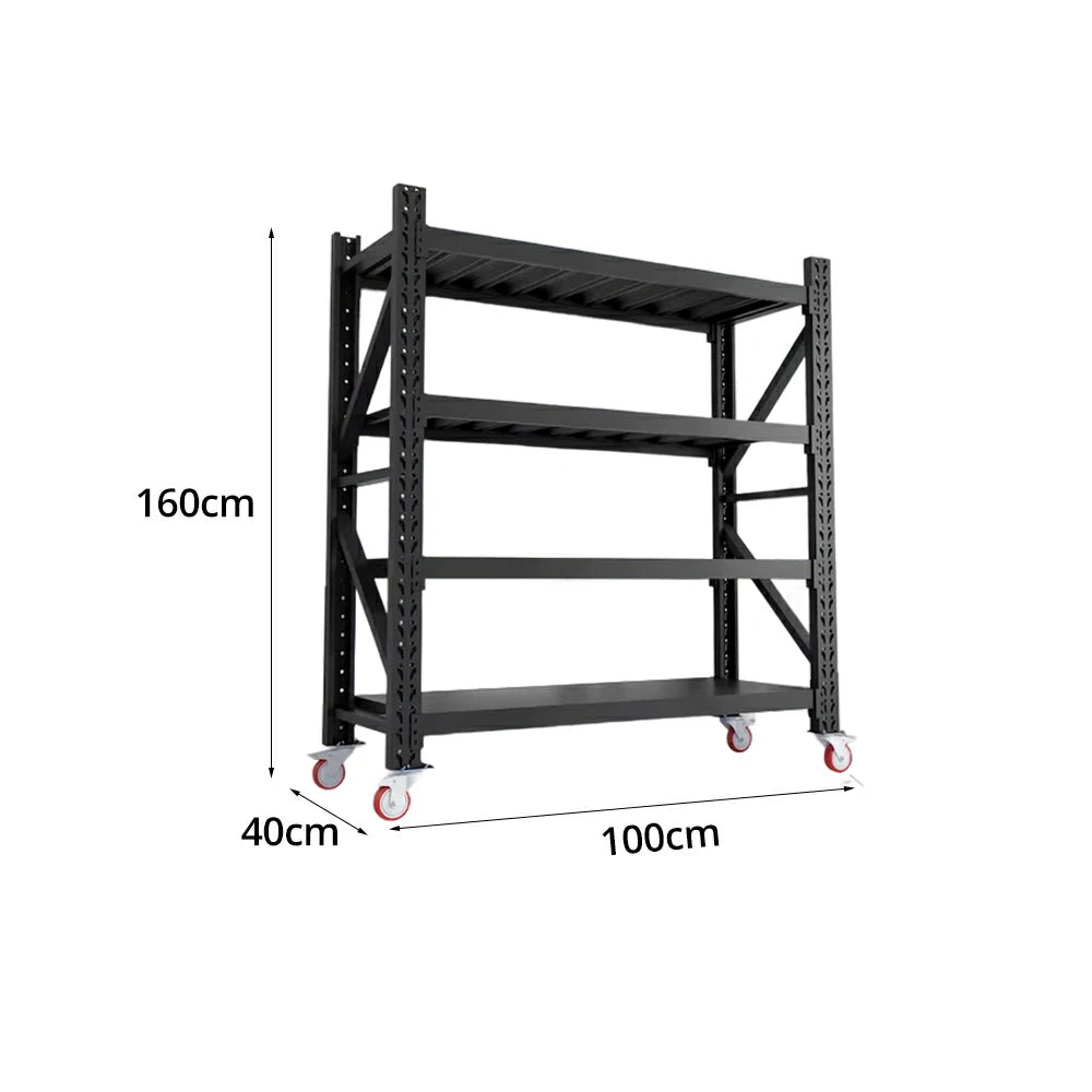 GROVIA 4-Tier 100/120cm Storage Shelving Rack, Screw-Free Steel Frame, Swivel Castors with Brakes, Stable Design - Black