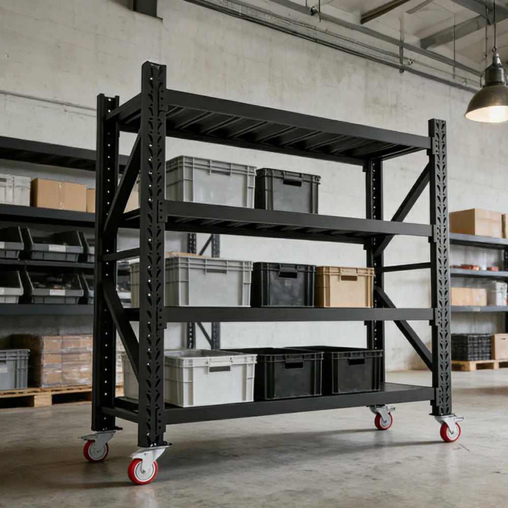 GROVIA 4-Tier 100/120cm Storage Shelving Rack, Screw-Free Steel Frame, Swivel Castors with Brakes, Stable Design - Black