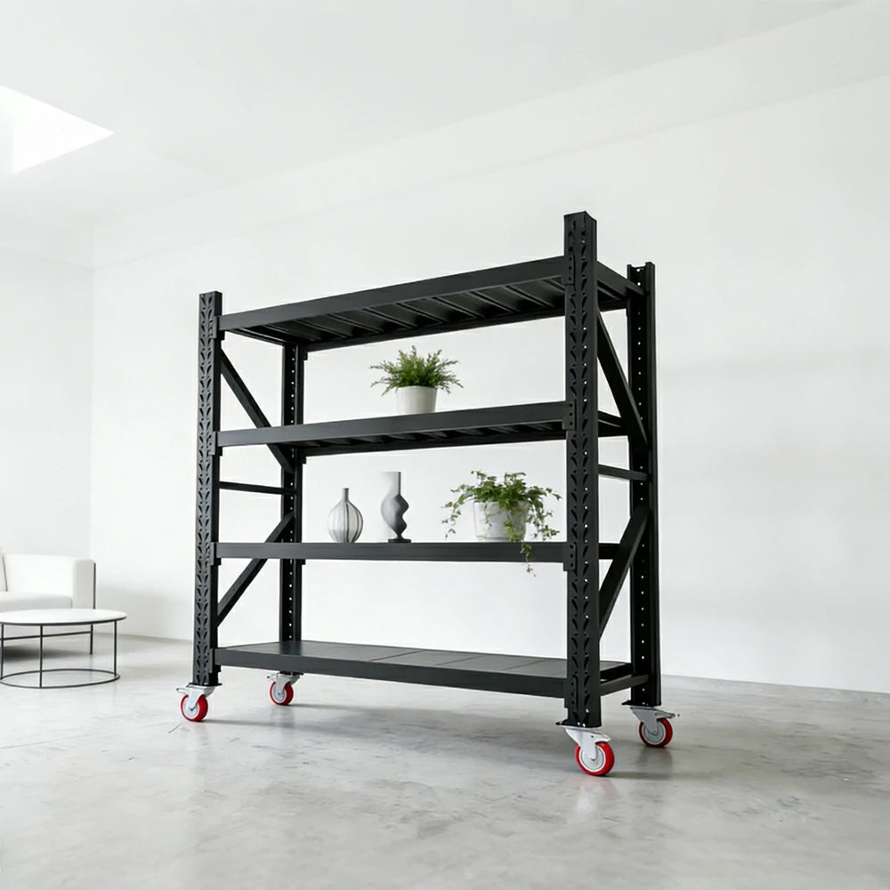GROVIA 4-Tier 100/120cm Storage Shelving Rack, Screw-Free Steel Frame, Swivel Castors with Brakes, Stable Design - Black