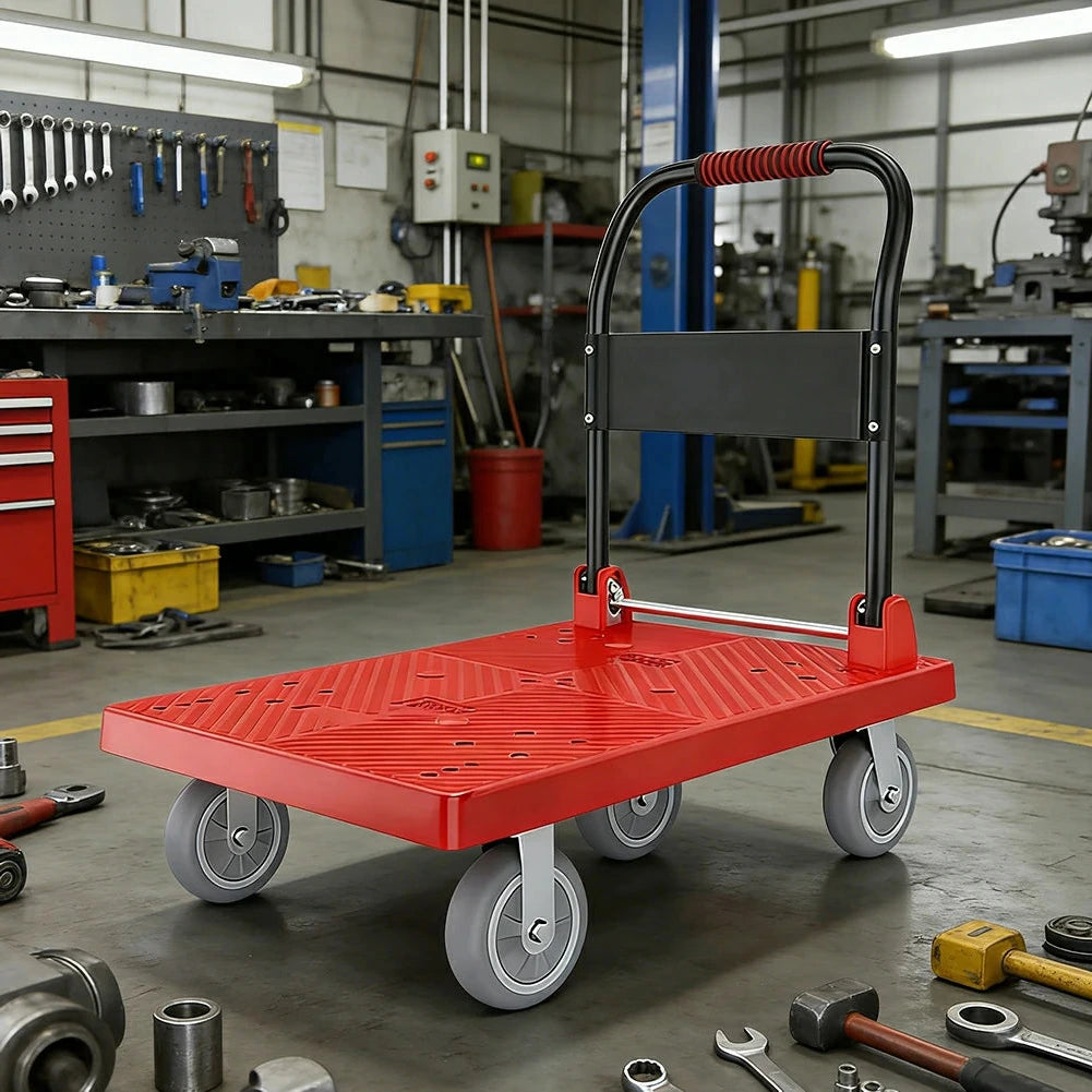 GROVIA Heavy-Duty Platform Trolley - 110x66cm Reinforced Dual-Tube Frame, 6-Inch Industrial Grey Rubber Wheels, Stable & Smooth Transport - Red