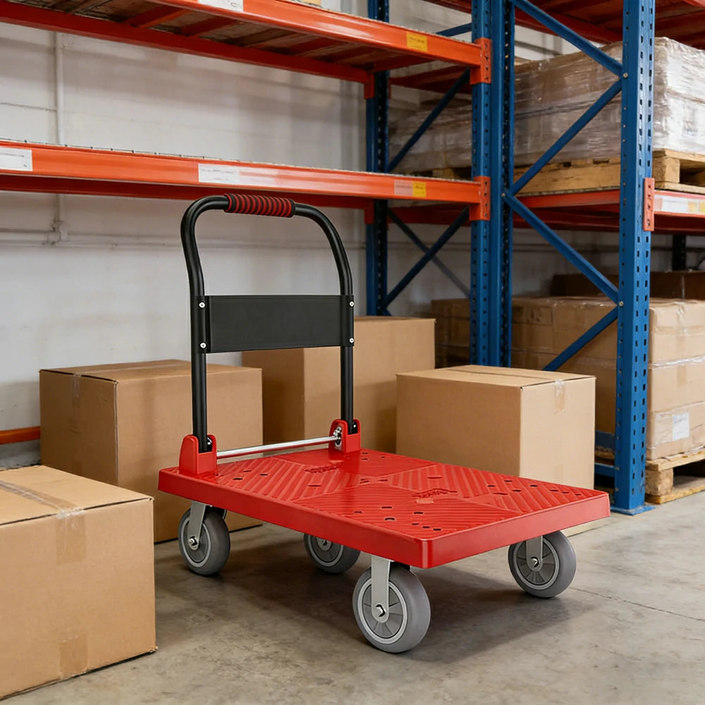 GROVIA Heavy-Duty Platform Trolley - 110x66cm Reinforced Dual-Tube Frame, 6-Inch Industrial Grey Rubber Wheels, Stable & Smooth Transport - Red