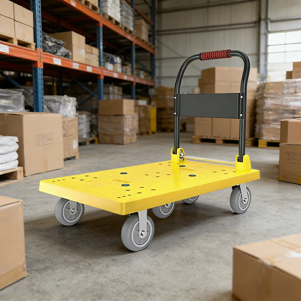 GROVIA Heavy-Duty Platform Trolley - 110x66cm Reinforced Dual-Tube Frame, 6-Inch Industrial Grey Rubber Wheels, Stable & Smooth Transport - Yellow