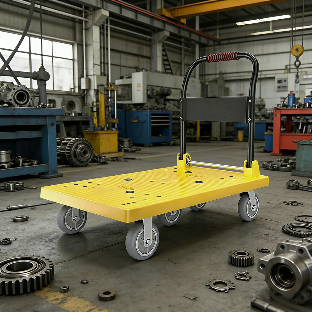 GROVIA Heavy-Duty Platform Trolley - 110x66cm Reinforced Dual-Tube Frame, 6-Inch Industrial Grey Rubber Wheels, Stable & Smooth Transport - Yellow