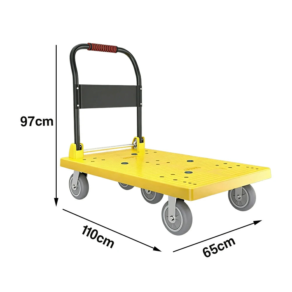 GROVIA Heavy-Duty Platform Trolley - 110x66cm Reinforced Dual-Tube Frame, 6-Inch Industrial Grey Rubber Wheels, Stable & Smooth Transport - Yellow