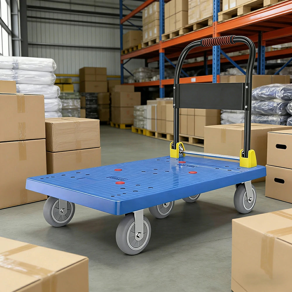 GROVIA Heavy-Duty Platform Trolley - 110x66cm Reinforced Dual-Tube Frame, 6-Inch Industrial Grey Rubber Wheels, Stable & Smooth Transport - Blue