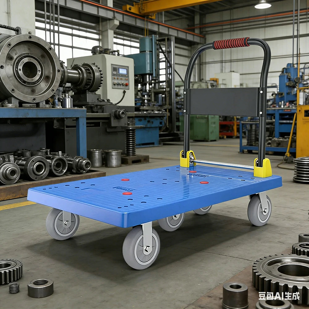 GROVIA Heavy-Duty Platform Trolley - 110x66cm Reinforced Dual-Tube Frame, 6-Inch Industrial Grey Rubber Wheels, Stable & Smooth Transport - Blue