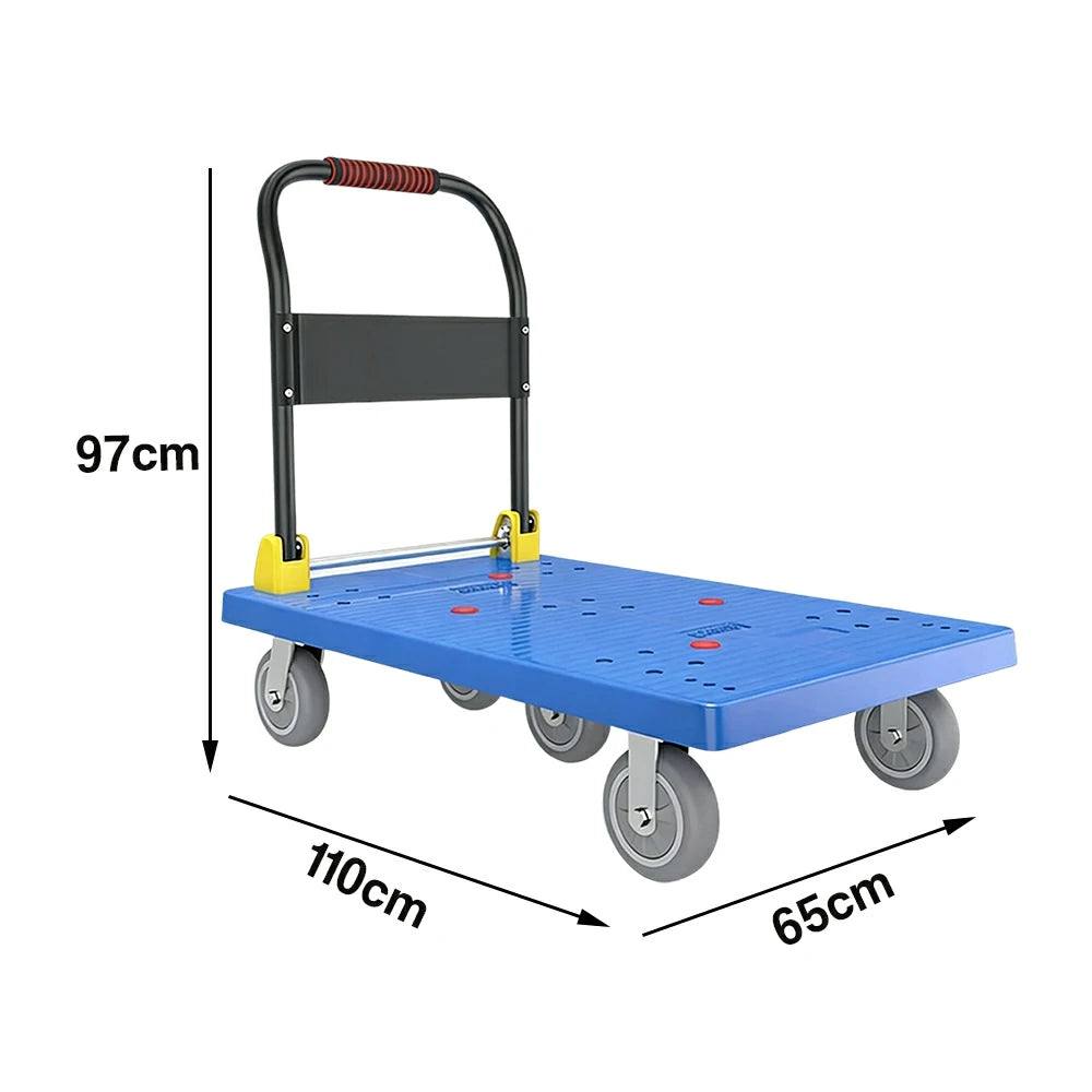 GROVIA Heavy-Duty Platform Trolley - 110x66cm Reinforced Dual-Tube Frame, 6-Inch Industrial Grey Rubber Wheels, Stable & Smooth Transport - Blue