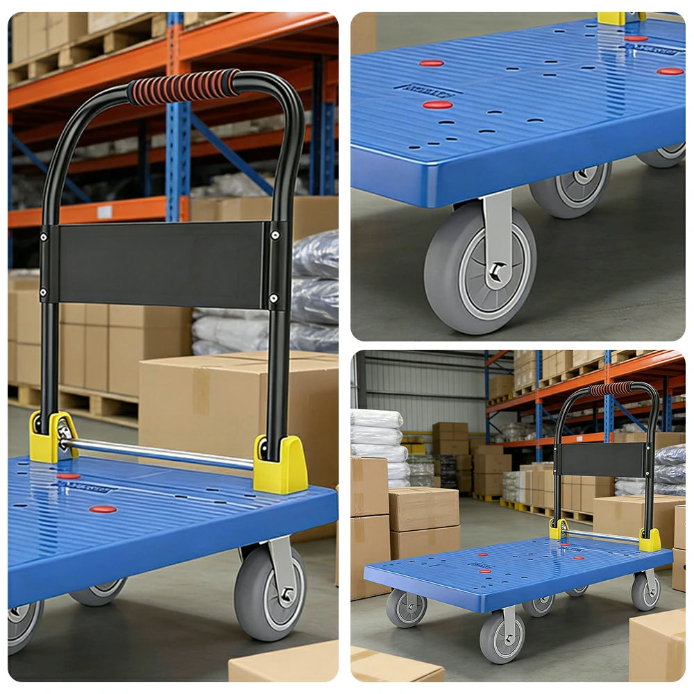GROVIA Heavy-Duty Platform Trolley - 110x66cm Reinforced Dual-Tube Frame, 6-Inch Industrial Grey Rubber Wheels, Stable & Smooth Transport - Blue
