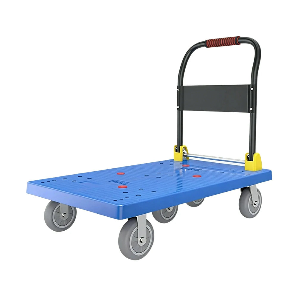 GROVIA Heavy-Duty Platform Trolley - 110x66cm Reinforced Dual-Tube Frame, 6-Inch Industrial Grey Rubber Wheels, Stable & Smooth Transport - Blue
