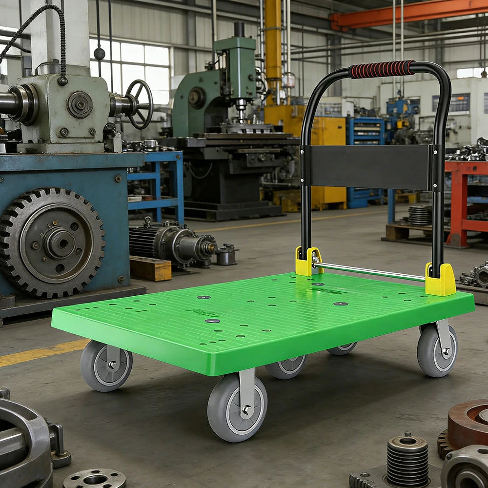 GROVIA Heavy-Duty Platform Trolley - 110x66cm Reinforced Dual-Tube Frame, 6-Inch Industrial Grey Rubber Wheels, Stable & Smooth Transport - Green