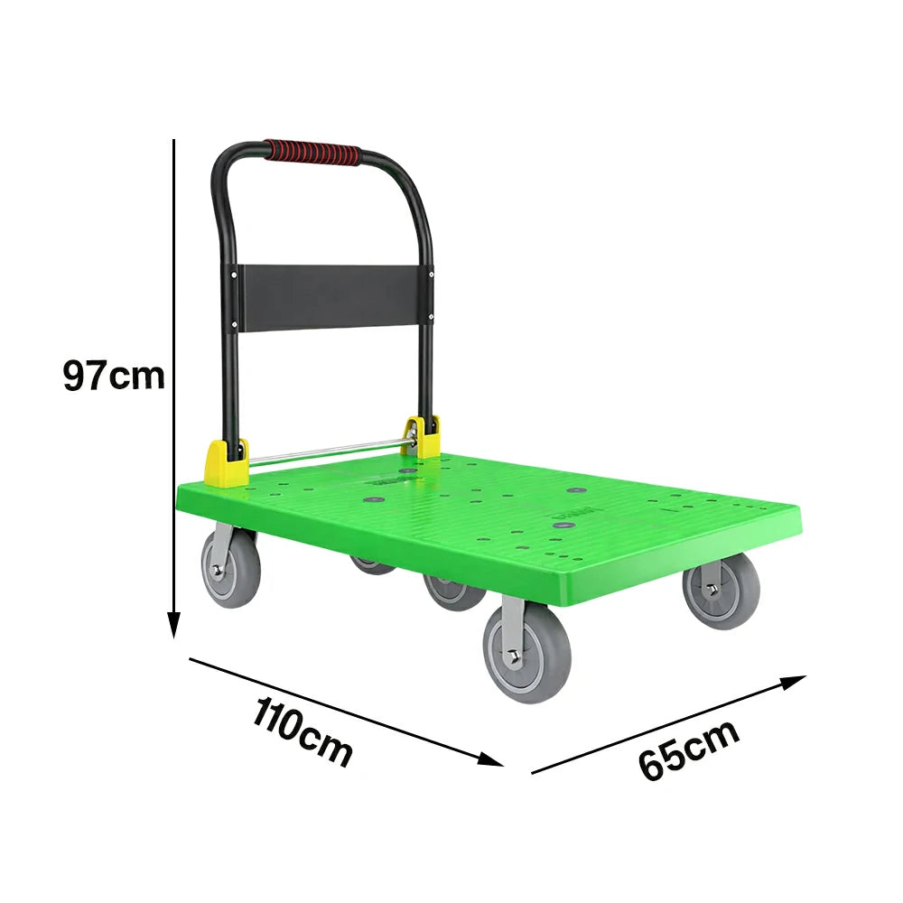 GROVIA Heavy-Duty Platform Trolley - 110x66cm Reinforced Dual-Tube Frame, 6-Inch Industrial Grey Rubber Wheels, Stable & Smooth Transport - Green