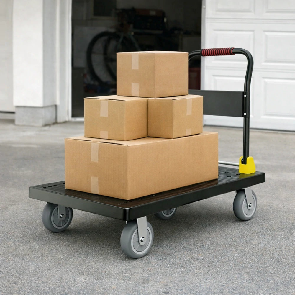 GROVIA Heavy-Duty Platform Trolley - 110x66cm Reinforced Dual-Tube Frame, 6-Inch Industrial Grey Rubber Wheels, Stable & Smooth Transport - Black