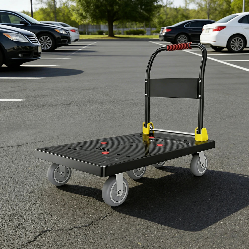 GROVIA Heavy-Duty Platform Trolley - 110x66cm Reinforced Dual-Tube Frame, 6-Inch Industrial Grey Rubber Wheels, Stable & Smooth Transport - Black