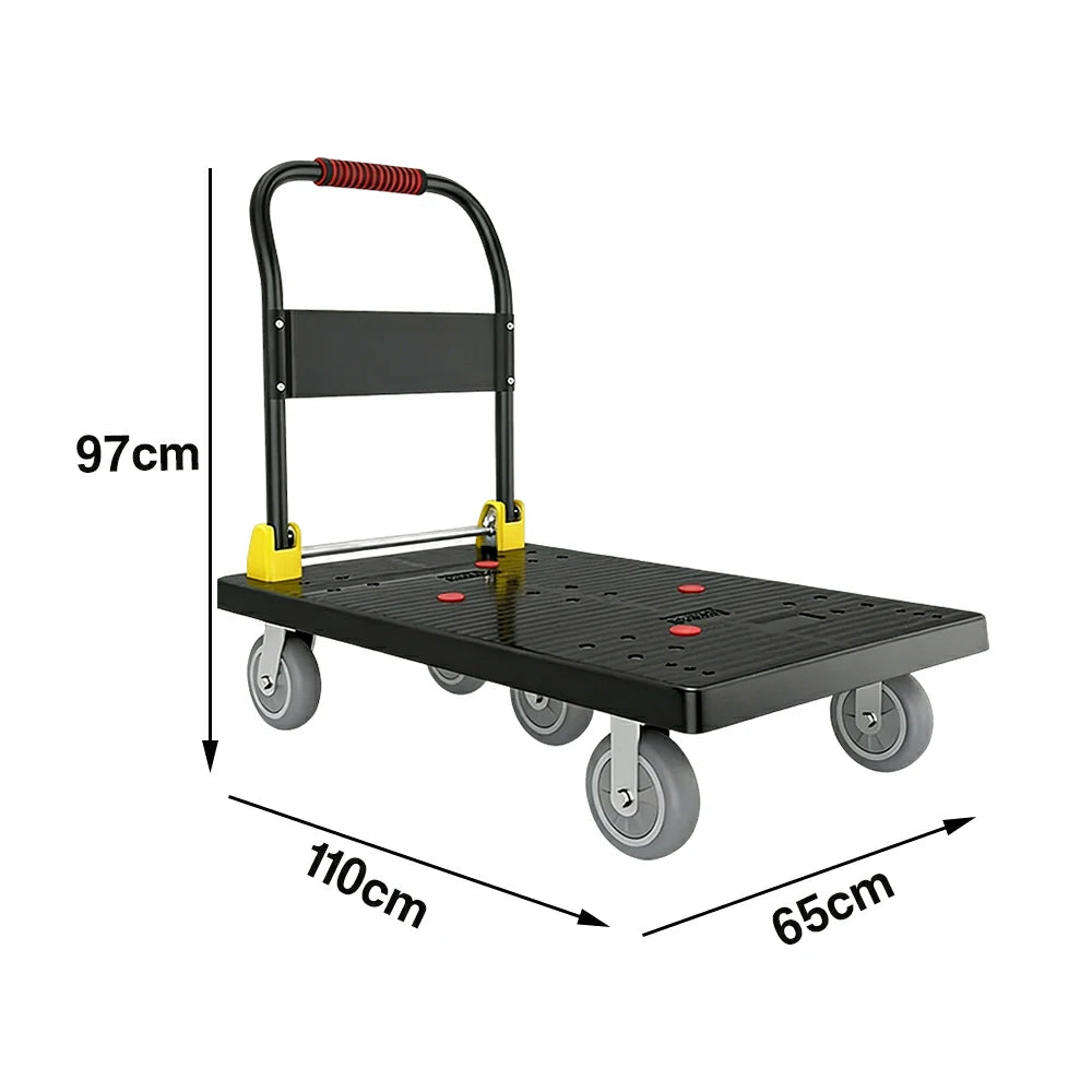 GROVIA Heavy-Duty Platform Trolley - 110x66cm Reinforced Dual-Tube Frame, 6-Inch Industrial Grey Rubber Wheels, Stable & Smooth Transport - Black