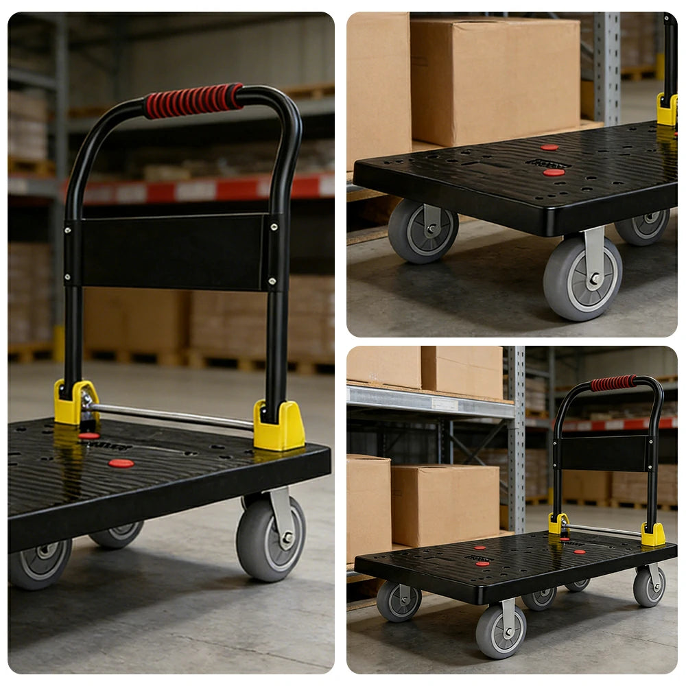 GROVIA Heavy-Duty Platform Trolley - 110x66cm Reinforced Dual-Tube Frame, 6-Inch Industrial Grey Rubber Wheels, Stable & Smooth Transport - Black