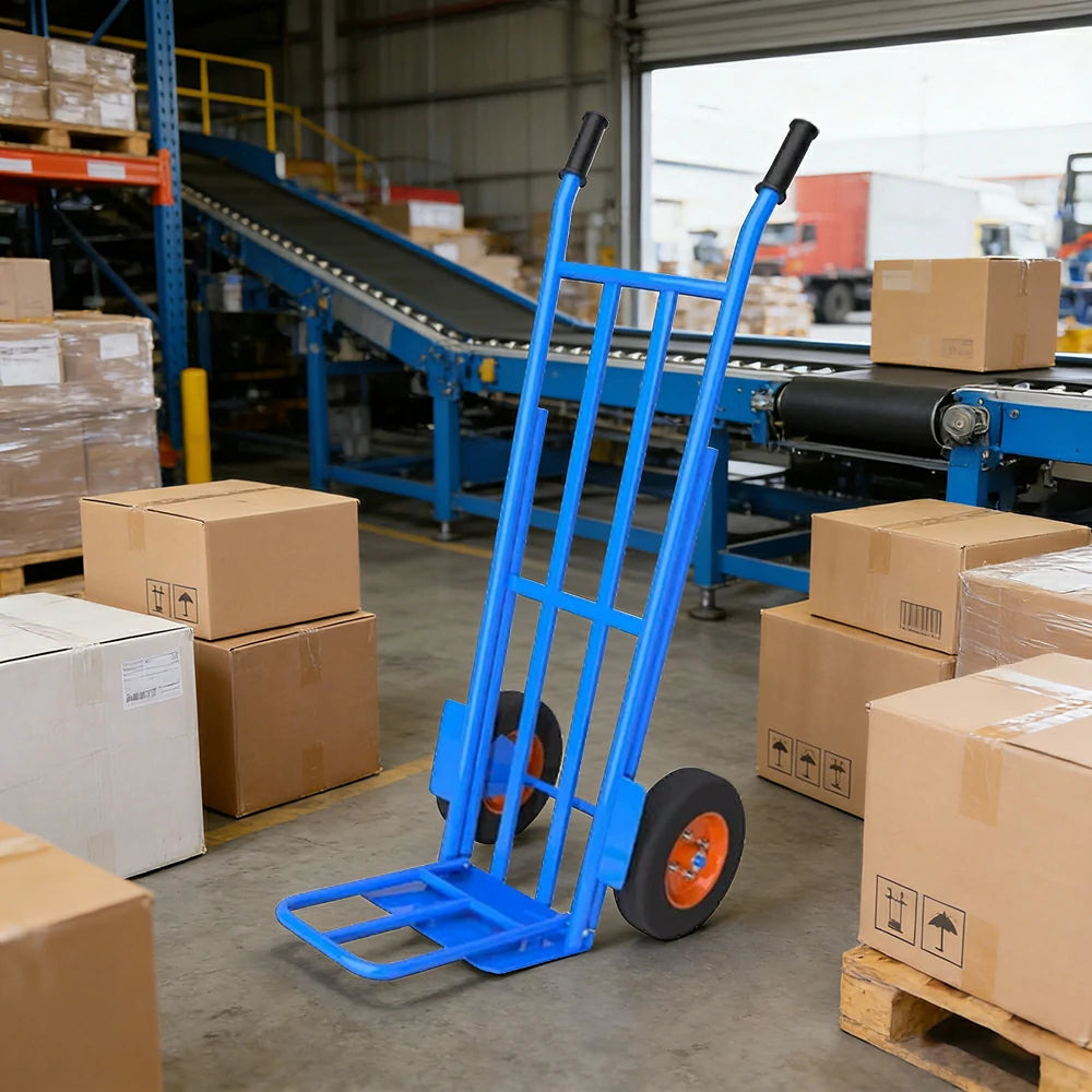 GROVIA Heavy-Duty Hand Truck - 1.3m Double-Tube Frame, 450kg Load Capacity, 10-Inch Solid Wheels, Reinforced Industrial Design - Blue