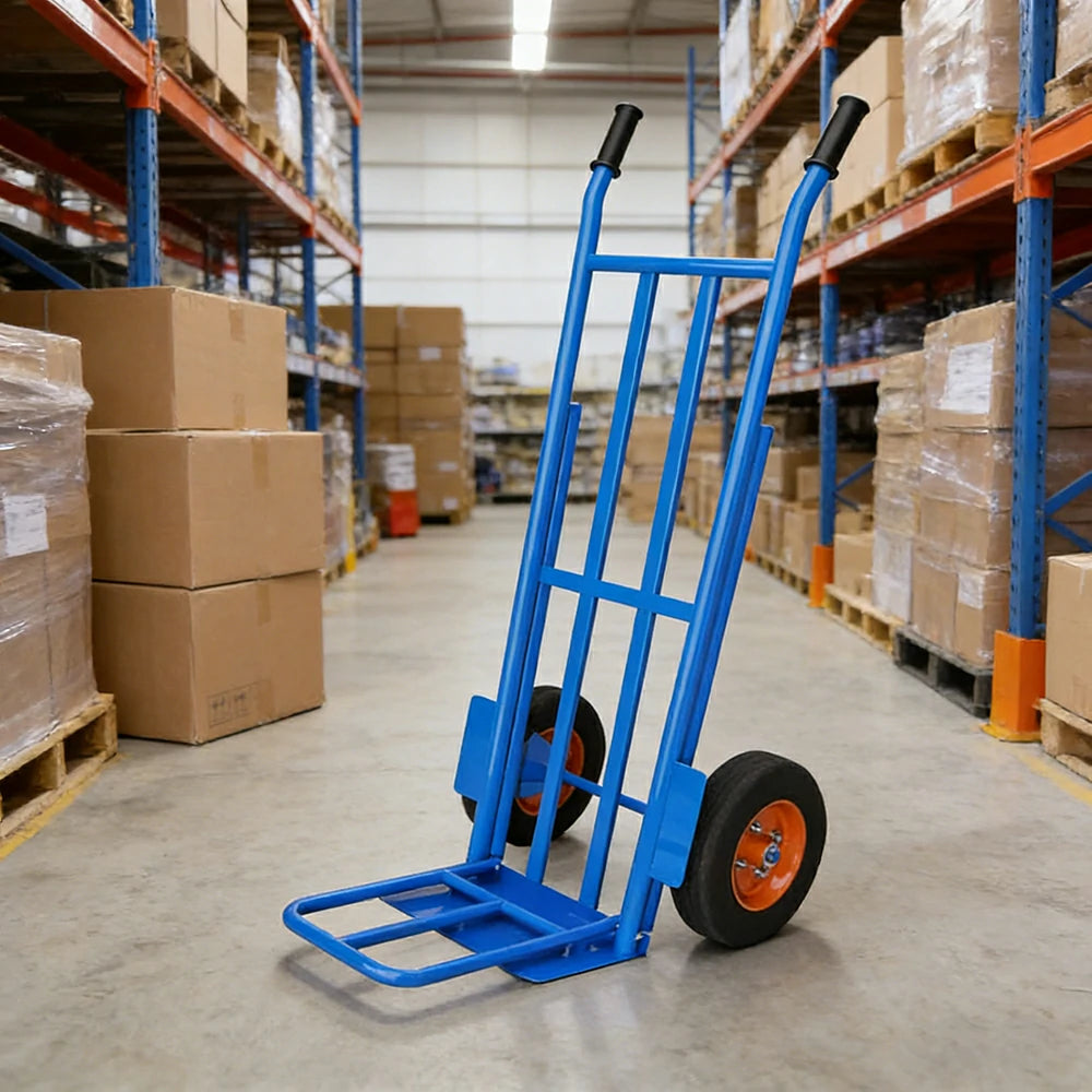GROVIA Heavy-Duty Hand Truck - 1.3m Double-Tube Frame, 450kg Load Capacity, 10-Inch Solid Wheels, Reinforced Industrial Design - Blue