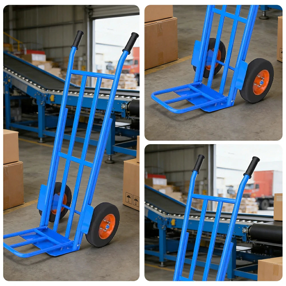GROVIA Heavy-Duty Hand Truck - 1.3m Double-Tube Frame, 450kg Load Capacity, 10-Inch Solid Wheels, Reinforced Industrial Design - Blue